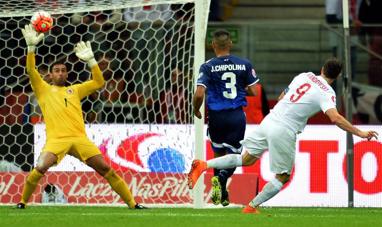 Lewandowski finds the net twice for Poland in an 8-1 thrashing of Gibraltar.
