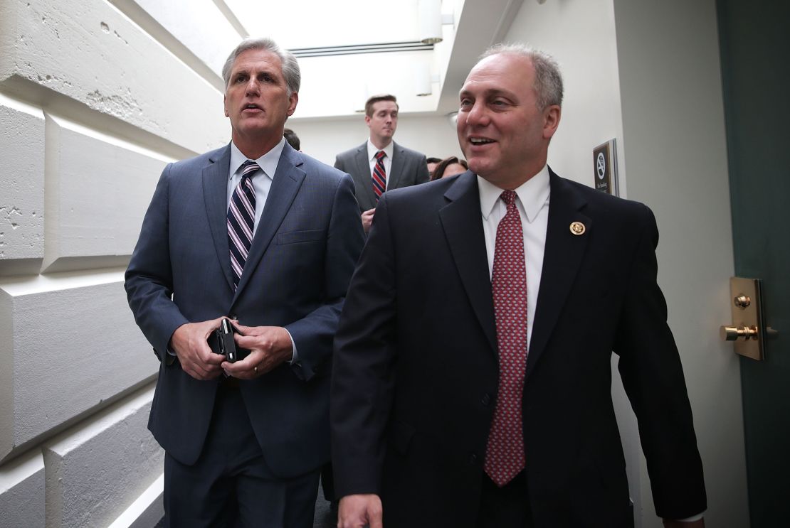 US House Majority Leader Rep. Kevin McCarthy, a California Republican, at left, and House Majority Whip Rep. Steve Scalise, a Louisiana Republican, at right, leave after a House Republican Conference in September 2015.  (Photo by Alex Wong/Getty Images)