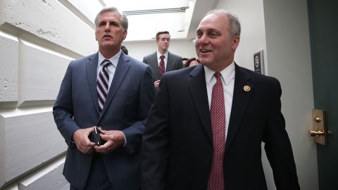 US House Majority Leader Rep. Kevin McCarthy, a California Republican, at left, and House Majority Whip Rep. Steve Scalise, a Louisiana Republican, at right, leave after a House Republican Conference in September 2015.  (Photo by Alex Wong/Getty Images)