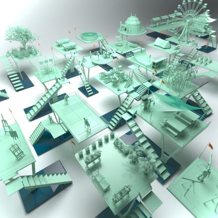 Above is a rendering of "Double Happiness," a project by RAMOPRIMO that proposes a widespread system of attractive hubs dotting old districts with new public services. This concept re-imagines a traditional neighborhood layout. The services vary from places for pigeon raising to telescope stations. 
