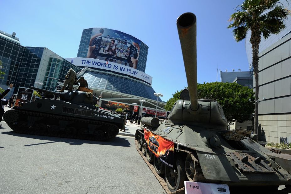 Usually the convention space is used for business and consumer events. Here, a World War II-era military tank is seen on display promoting the "World of Tanks" from developer Wargaming.net at the Electronics Entertainment Expo in 2011.