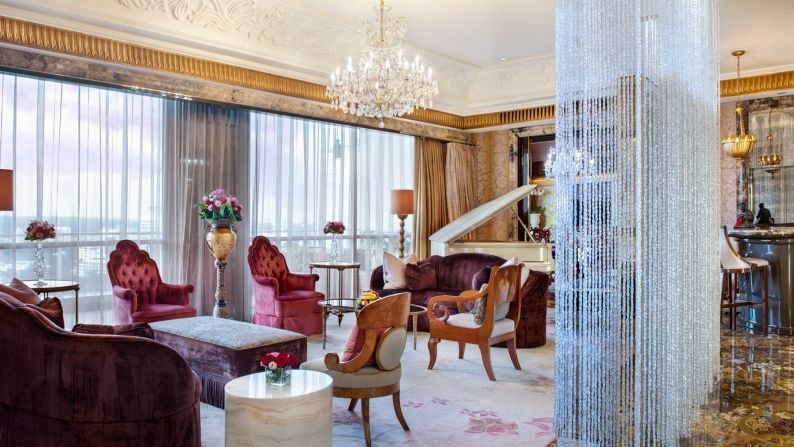 The Presidential Suite's decadent furnishings include custom-made crystal chandeliers and elaborate statement artworks.