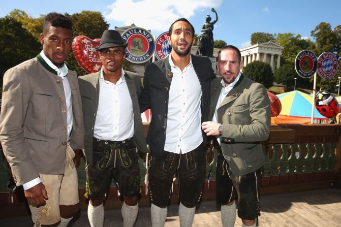 Suit you Sir! Kingsley Coman, Douglas Costa, Medhi Benatia and Franck Ribery scrub up well for the cameras.