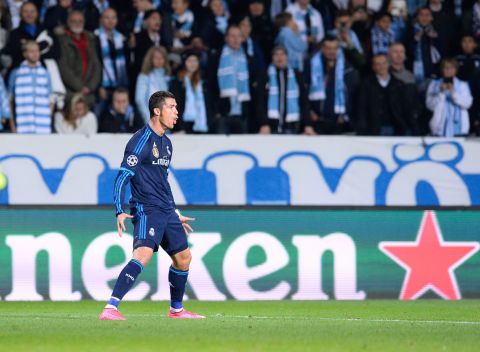 <strong>September 30, 2015:</strong> A night Ronaldo will never forget -- two goals against Malmo in the Champions League took his career tally to 501. He joins the exclusive 500 club, which includes Pele, Puskas and Gerd Muller. The forward's brace drew him level with Raul on 323 goals for Real. The 2-0 victory maintained Los Blancos' 100% start in Europe.