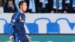 Real Madrid's Portuguese forward Cristiano Ronaldo celebrates after scoring the opening goal during the UEFA Champions League first-leg Group A football match between Malmo FF and Real Madrid CF at the Swedbank Stadion, in Malmo, Sweden on September 30, 2015. 
AFP PHOTO / JONATHAN NACKSTRAND        (Photo credit should read JONATHAN NACKSTRAND/AFP/Getty Images)