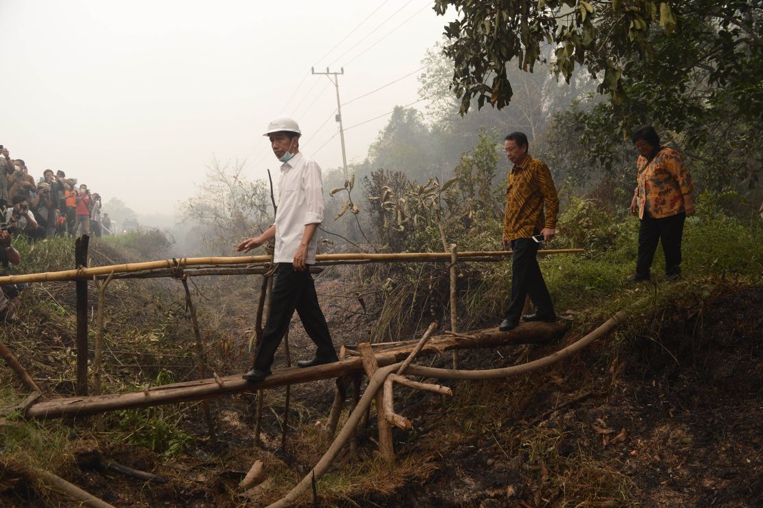 Indonesia's President Joko Widodo, in white, inspects a firefighting operation on burning peatland in Borneo.