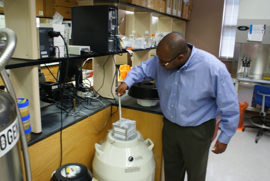 Franklin West, assistant professor of animal and dairy science at the University of Georgia, pulls out a storage tank of animal cells. West and another researcher are developing a process to convert skin cells from endangered species into stem cells.