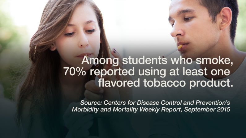 An estimated 4.6 million American middle and high school students are current users of tobacco products, according to the <a href="http://www.cdc.gov/mmwr/preview/mmwrhtml/mm6438a1.htm" target="_blank" target="_blank">2014 National Youth Tobacco Survey</a>, and of those young smokers, 70% reported using at least one flavored tobacco product in the past 30 days. "Flavored tobacco products are enticing a new generation of America's youth into nicotine addiction," Dr. Tom Frieden, director of the Centers for Disease Control and Prevention, said in a news release. For the 18% of all high school students who have used at least one flavored tobacco product in the past month, e-cigarettes were most common, followed by hookah, cigars, menthol cigarettes, smokeless tobacco, and finally, pipes. <a href="http://www.ncbi.nlm.nih.gov/pmc/articles/PMC3615117/pdf/nihms440149.pdf" target="_blank" target="_blank">Some studies</a> have shown that early, regular cigarette smoking means higher risk for heavier use, long-term use and greater difficulty quitting. There is major concern about harmful effects that tobacco use has on the <a href="http://www.cnn.com/2011/10/19/health/mental-health/teen-brain-impulses/index.html">developing teen brain</a>, which is hardwired for risky business. -- Viola Lanier <br />