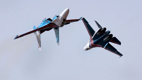 The Russian Knights aerobatic demonstration team fly in their Sukhoi SU-27s on February 9, 2013.