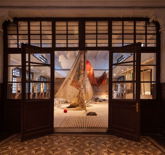 Egyptian and Canadian artist Anna Boghiguia has created The Salt Traders: a  "sculptural space" comprising old sails, paintings, drawings, fragments of a boat and sound recordings.<br /><br />Anna Boghiguian, The Salt Traders (Tuz Tüccarlari), 2015, 2015, Photo by Sahir Ugur Eren