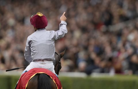 Thierry Jarnet salutes the win in front of 50,000-strong crowd at Paris' Longchamp racecourse last year. The French jockey will be piloting Treve again in this year's race.