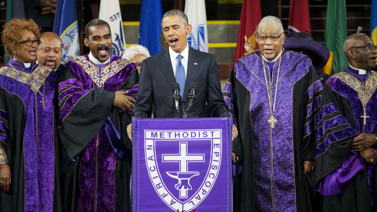 Obama sings "Amazing Grace" during a service in June 2015 honoring the life of the Rev. Clementa Pinckney, a South Carolina lawmaker. Pinckney was one of nine people killed in a shooting at a church in Charleston, South Carolina.