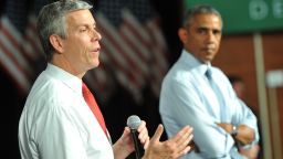 DES MOINES, IA - SEPTEMBER 14:  U.S. Secretary of Education Arne Duncan speaks alongside U.S. President Barack Obama at a town hall style meeting at North High School on September 14, 2015 in Des Moines, Iowa. Obama discussed changes to the federal student loan process that he said would make college more affordable and accessible for students and their families. (Photo by Steve Pope/Getty Images)