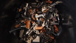 Handguns that were swapped for gift cards during a Los Angeles Police Department sponsored gun buyback event in Los Angeles, California on December 13, 2014.  The city held the event in three locations and the public were able safely and anonymously surrender firearms in exchange for $100 and $200 gift cards.    AFP PHOTO/MARK RALSTON        (Photo credit should read MARK RALSTON/AFP/Getty Images)