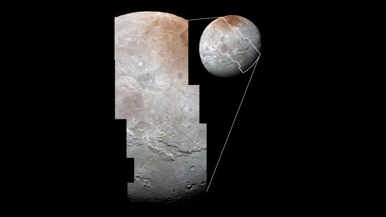 Images from two instruments on New Horizons are combined in this photo to <a href="index.php?page=&url=http%3A%2F%2Fwww.nasa.gov%2Ffeature%2Fpluto-s-big-moon-charon-reveals-a-colorful-and-violent-history" target="_blank" target="_blank">show Charon's cratered uplands</a> at the top and a series of canyons. The bottom of the image shows rolling plains.