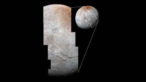Images from two instruments on New Horizons are combined in this photo to <a href="http://www.nasa.gov/feature/pluto-s-big-moon-charon-reveals-a-colorful-and-violent-history" target="_blank" target="_blank">show Charon's cratered uplands</a> at the top and a series of canyons. The bottom of the image shows rolling plains.