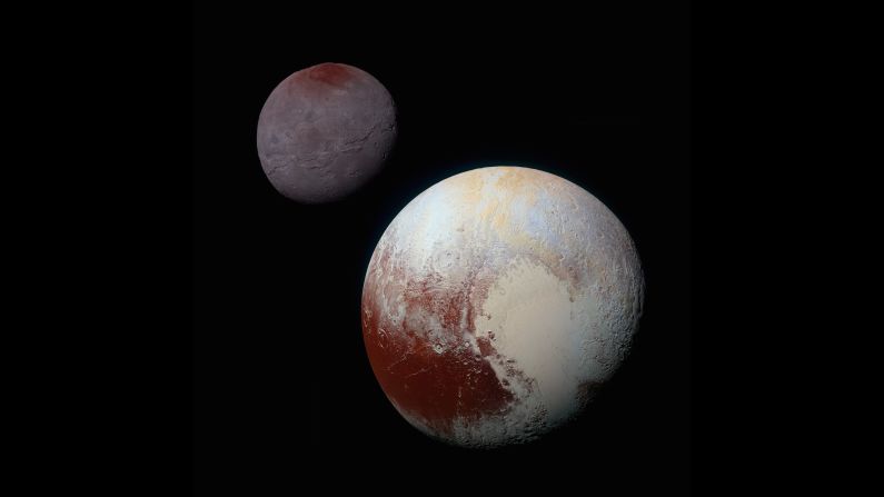 <a href="index.php?page=&url=http%3A%2F%2Fwww.nasa.gov%2Ffeature%2Fpluto-s-big-moon-charon-reveals-a-colorful-and-violent-history" target="_blank" target="_blank">This composite of enhanced color images</a> shows the striking differences between Pluto, lower right, and its largest moon, Charon. NASA says the color and brightness of the two worlds have been processed identically to allow for direct comparison. Pluto and Charon are shown with approximately correct relative sizes, but their true separation is not to scale.