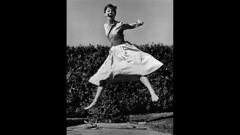 In the "Jump Book," Halsman talks about "jumpology," an analysis of the jumper based on their leap. In this photo, Audrey Hepburn appears as free and joyous as her character in "Roman Holiday." That film is about a European princess who ditches the shackles of proper society for motorscooting with Gregory Peck. Here, Hepburn has literally kicked off her shoes to let fly.