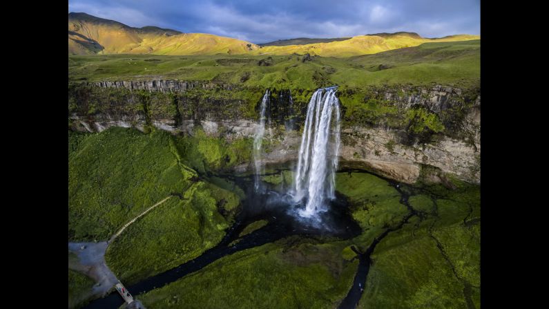 Photographer Enrico Pescantini used a drone to capture this view of Iceland's Seljalandsfoss waterfall. For a different perspective, it's possible to hike behind the waterfall and view the cascades from the inside out. 