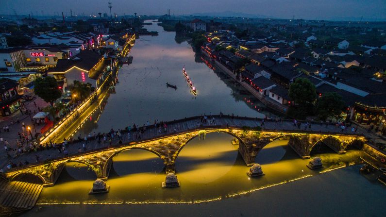 A bridge is lit up for Mid-Autumn Festival. Lanterns and lights are an important part of the annual festival celebrated by the Chinese and Vietnamese, which this year fell in late September.