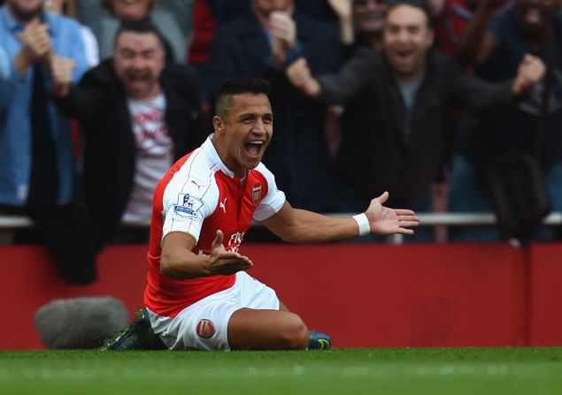 Alexis Sanchez of Arsenal celebrates scoring their third goal and his second in the thumping 3-0 victory over Manchester United at the Emirates Stadium.  