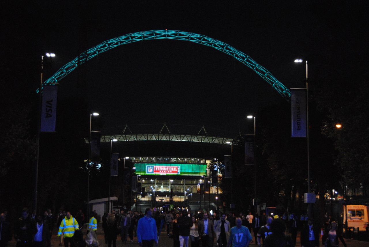 The famous Wembley arch is lit up in Jets green after the NFL International Series game.