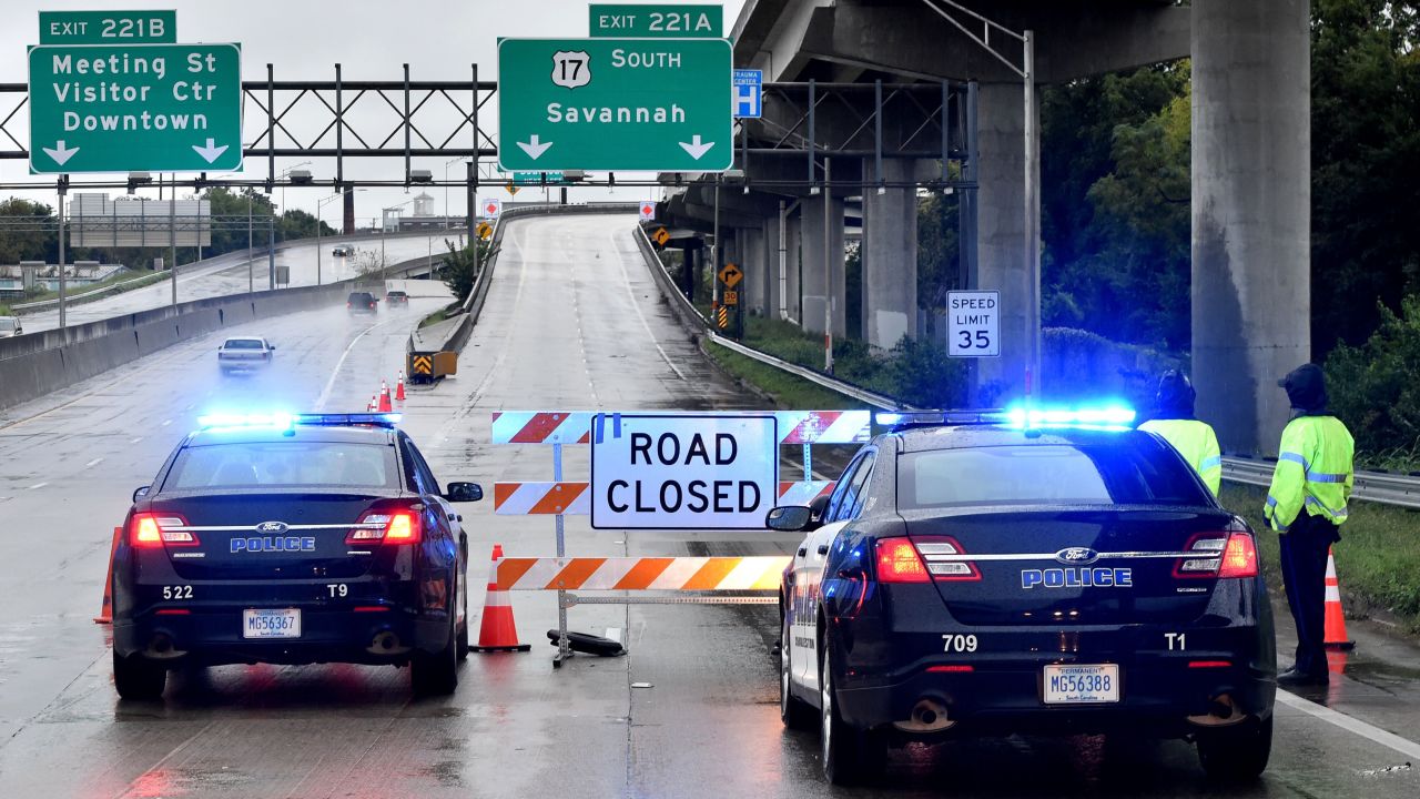 Police block an entrance to Highway 17 in Charleston, South Carolina, on October 4.
