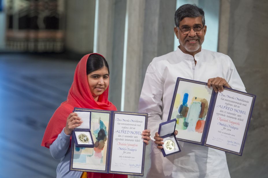 Malala Yousafzai split the 2014 Nobel Peace Prize with India's Kailash Satyarthi for their struggles against the suppression of children and for young people's rights. Yousafzai came to global attention after she was shot in the head by the Taliban in 2012 for her efforts to promote education for girls in Pakistan.
