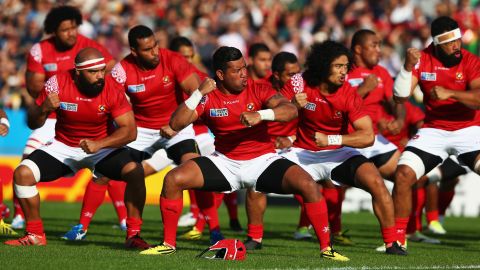 Tonga's national rugby team performs the Sipi Tau war dance before playing Namibia at the Rugby World Cup on Tuesday, September 29.