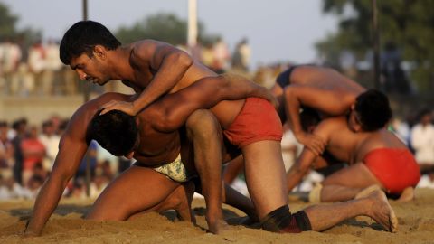 Pehlwani wrestlers compete in Noida, India, on Friday, October 2.