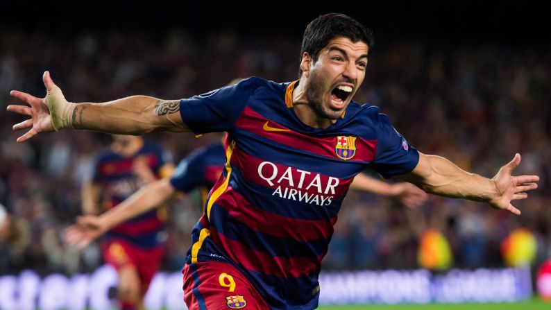 Barcelona forward Luis Suarez celebrates after he scored the game-winning goal against Bayer Leverkusen during a Champions League match played Tuesday, September 29, in Barcelona, Spain.