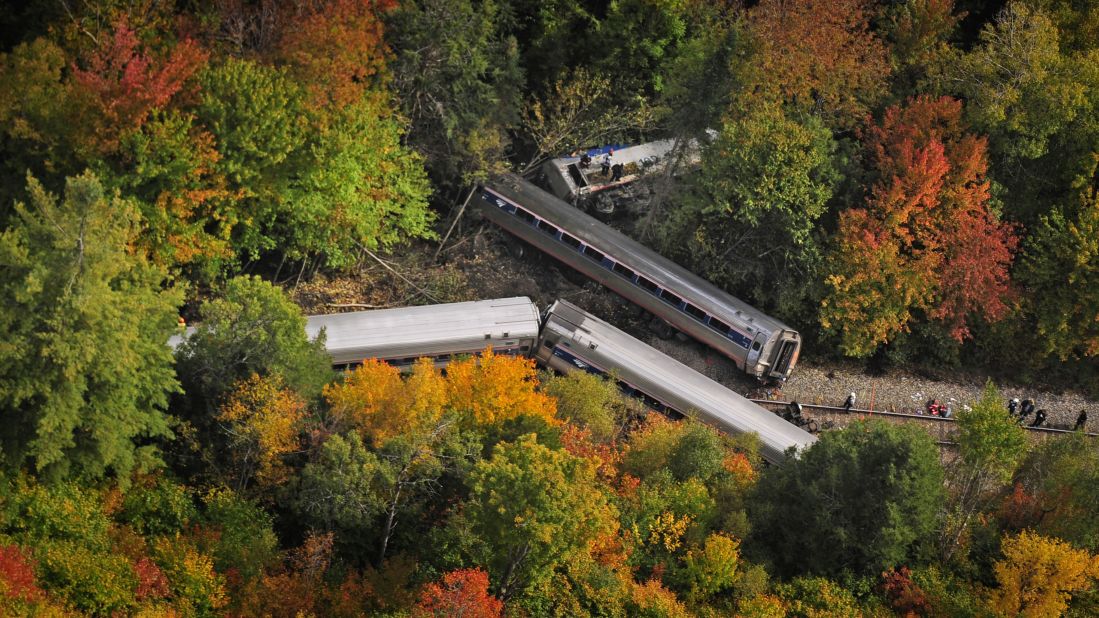 An Amtrak passenger train derailed on Monday, October 5, in Northfield, Vermont. The train, the Vermonter, was headed to Washington, D.C.