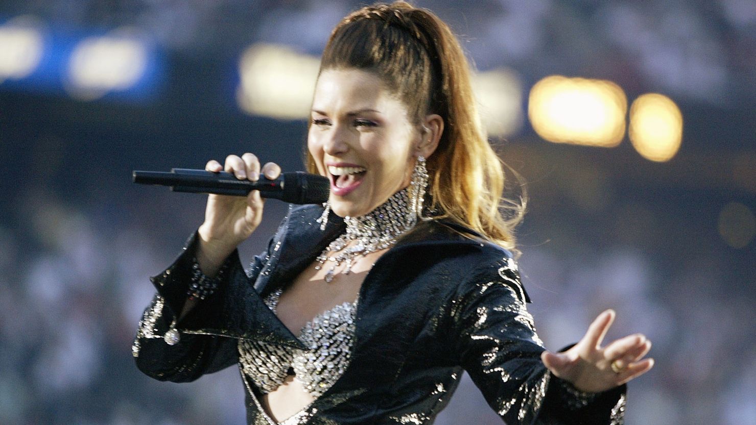 Shania Twain performs during the halftime show of the 2003 Super Bowl. 