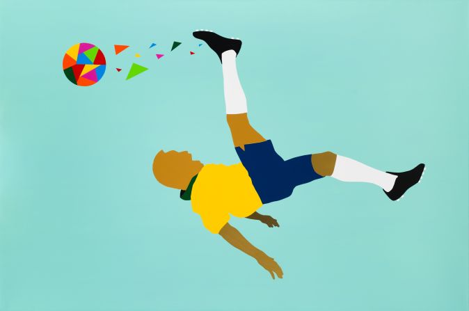 Born into poverty in the Brazilian state of Minas Gerais, Pele's early steps in the game were made with a grapefruit at his feet. He would go to become one of the greatest players the game has ever seen. Paricio's work depicts Pele executing an overhead kick.