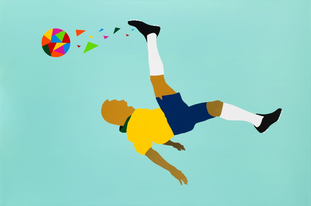 Born into poverty in the Brazilian state of Minas Gerais, Pele's early steps in the game were made with a grapefruit at his feet. He would go to become one of the greatest players the game has ever seen. Paricio's work depicts Pele executing an overhead kick.