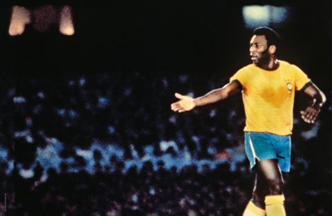 Luiz Paulo Machado's famous photograph was taken during a friendly match in October 1976 where a heart appears on Pele's bright yellow Brazil shirt. It earned the title "The Heart of the King." Pele won three World Cup titles with his country, in 1958, 1962 and 1970.