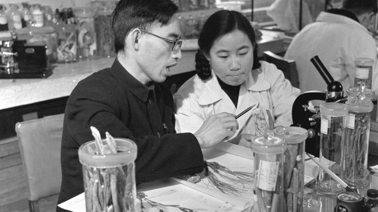 This photo taken in the 1950s shows Tu Youyou, right, a young pharmacologist with the China Academy of Chinese Medical Sciences in Beijing.