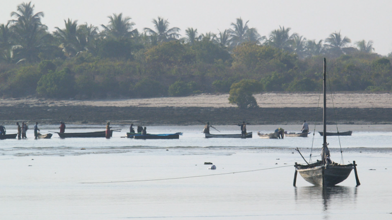 Fishing boats survey the tranquil coast at Kilwa. 