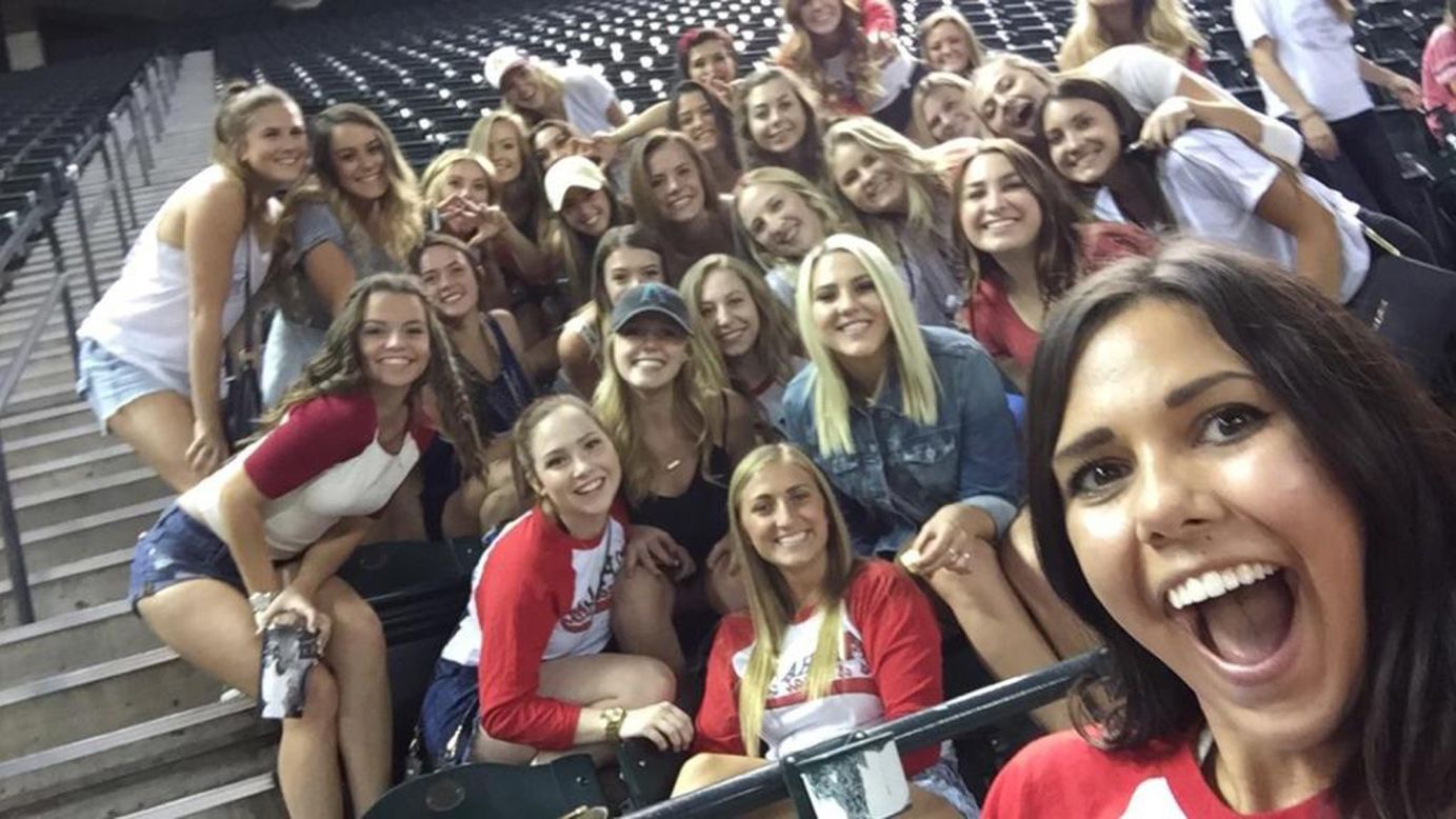 Students from Arizona State University -- specifically, members of the Alpha Chi Omega sorority -- <a href="https://twitter.com/Dbacks/status/649429900248510464" target="_blank" target="_blank">take a selfie for the Arizona Diamondbacks</a> while attending one of the baseball team's games on Wednesday, September 30. The young women <a href="http://bleacherreport.com/articles/2574509-diamondbacks-announcers-tease-sorority-girls-who-are-caught-taking-selfies" target="_blank" target="_blank">were thrust into the spotlight</a> during the Fox Sports broadcast of the game, which focused on them taking selfies in the stands. The Diamondbacks and Fox Sports offered the group tickets to another game, but <a href="https://www.facebook.com/axoasu/posts/950038358385816" target="_blank" target="_blank">the sorority asked</a> that the tickets instead be given to families of A New Leaf, a local nonprofit that supports victims of domestic violence. October is Domestic Violence Awareness Month.