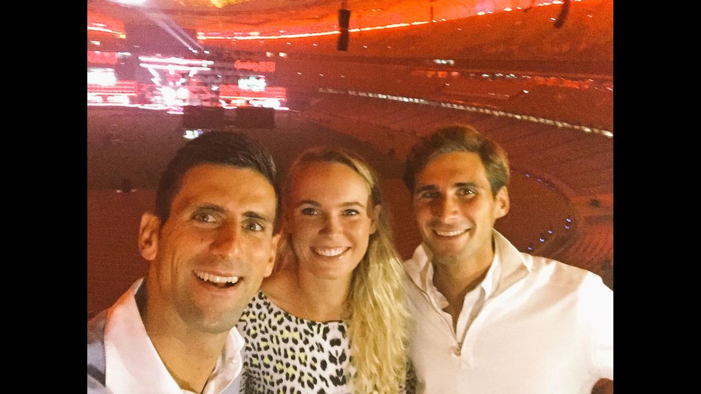 Caroline Wozniacki has <a href="https://twitter.com/CaroWozniacki/status/651061375486267392" target="_blank" target="_blank">"selfie time"</a> with fellow tennis players Novak Djokovic, left, and Marko Djokovic inside the Beijing National Stadium on Monday, October 5. They were in Beijing for the China Open.