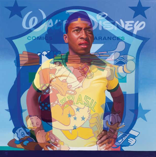 Stuart McAlpine Miller's piece depicts Pele alongside famous Walt Disney characters. Pele said of the works at the Halcyon Gallery: "Every artist has a message: that is the poor person who has won in life."