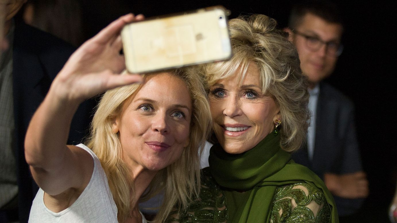 Actress Jane Fonda, right, stops for a selfie Saturday, October 3, while attending the Santa Barbara International Film Festival in Santa Barbara, California. Fonda was honored with the Kirk Douglas Award for Excellence in Film.