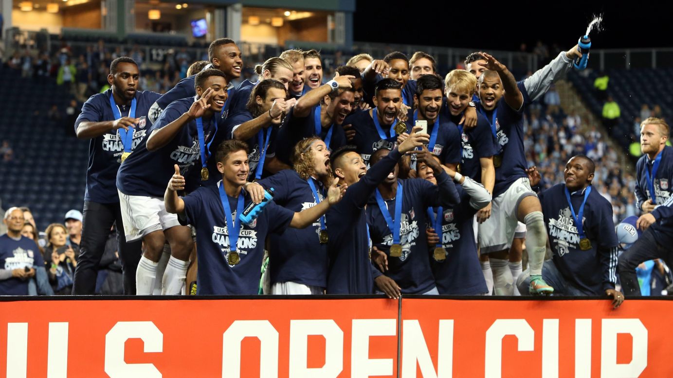 Roger Espinoza takes a selfie with his Sporting Kansas City teammates after the Major League Soccer team won the U.S. Open Cup on Wednesday, September 30.