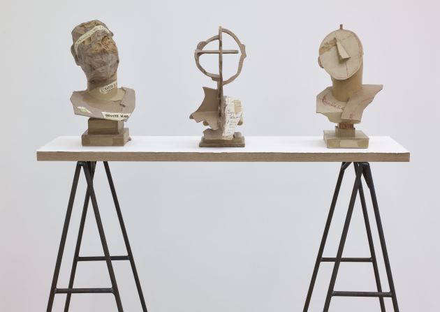 Other works on show include a selection of "heads" which appear to be made from scraps of paper, card, and wood.