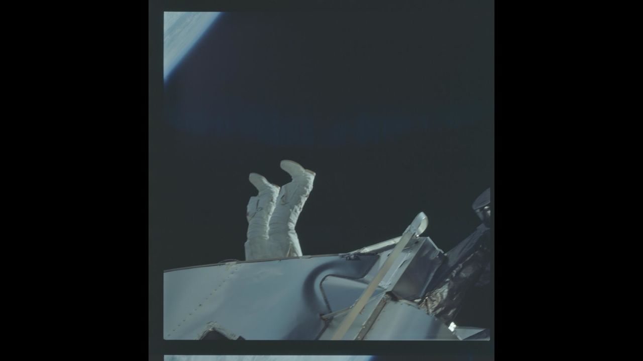 Astronaut Russell Schweickart's feet are seen during one of Apollo 9's spaceflights.