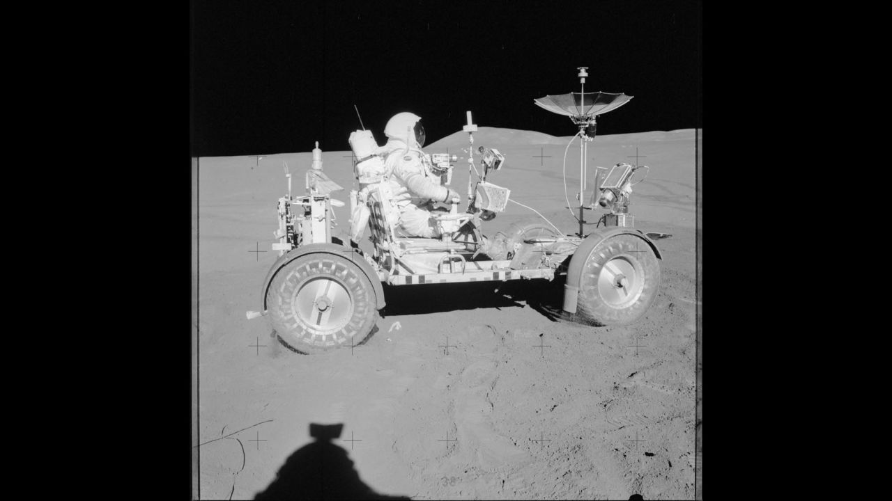 David Scott rides a lunar rover during the Apollo 15 mission in July 1971.