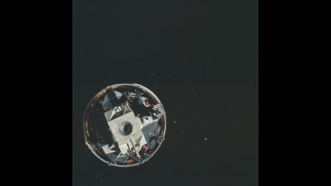 The lunar module from Apollo 15 is seen in orbit.