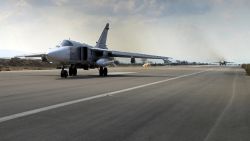 A Russian SU-24M jet fighter takes off from an airbase in Hmeimim, Syria, on October 6, 2015.