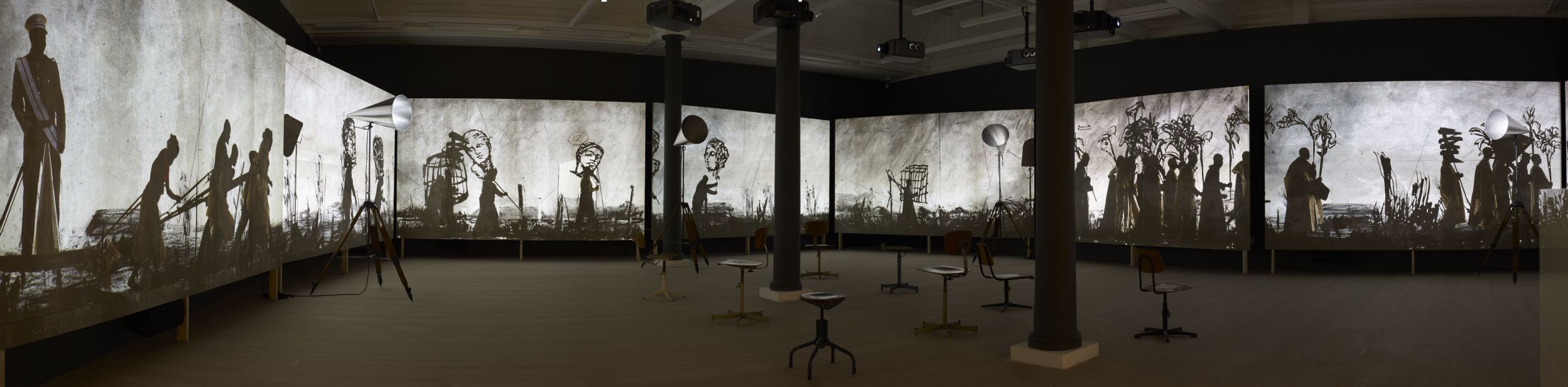 The film titled <a href="http://mariangoodman.com/exhibition/2252/installation-views" target="_blank" target="_blank"><em>More Sweetly Play the Dance</em></a> is projected across eight screens, spanning 45 meters. Kentridge says he has been interested in imagery of marches and "dances of death" for years. 