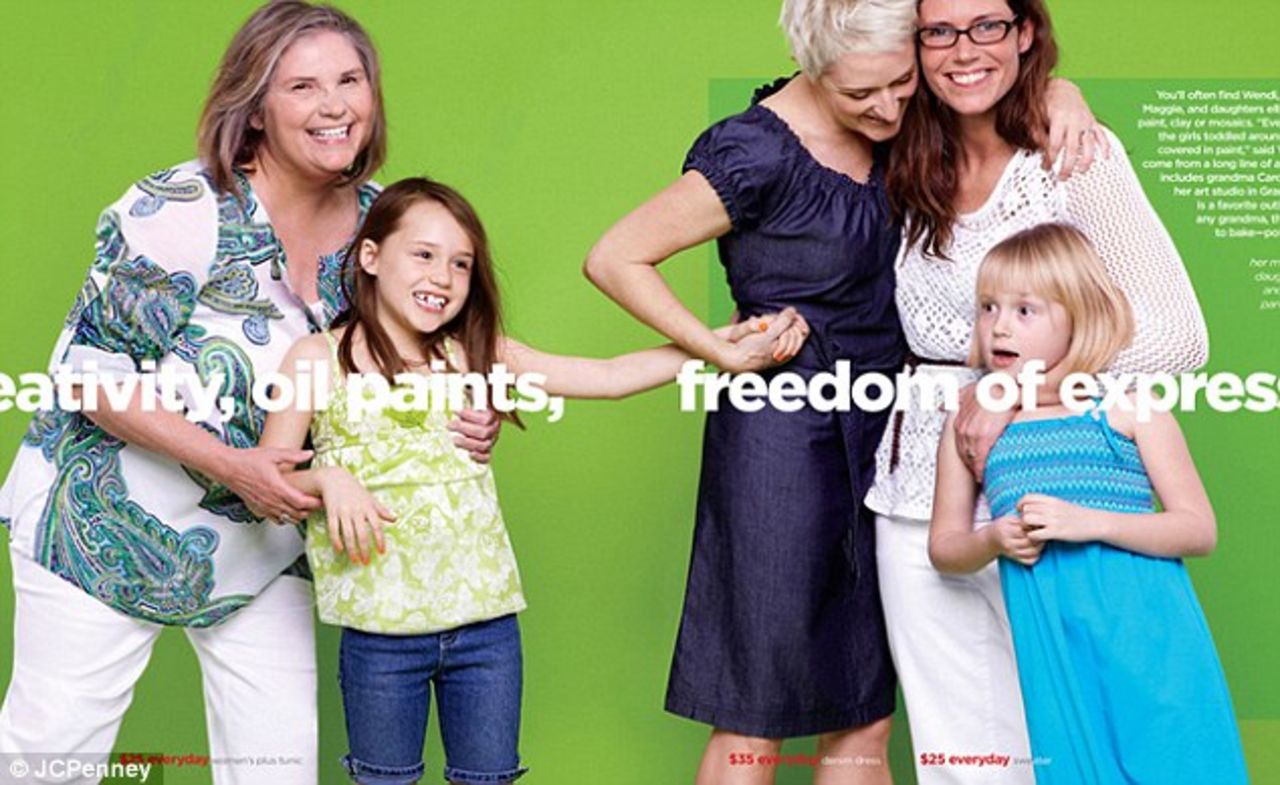 When retail behemoth JCPenney appointed Ellen DeGeneres as their brand ambassador in 2012, it marked a seminal shift in attitudes to lesbian women, often rendered completely invisible in mainstream representation. For their 2012 Mother's Day campaign, they featured "Wendi and her partner Maggie and daughters," with both women wearing wedding bands, which placed a lesbian couple in the spotlight as mothers to be celebrated.